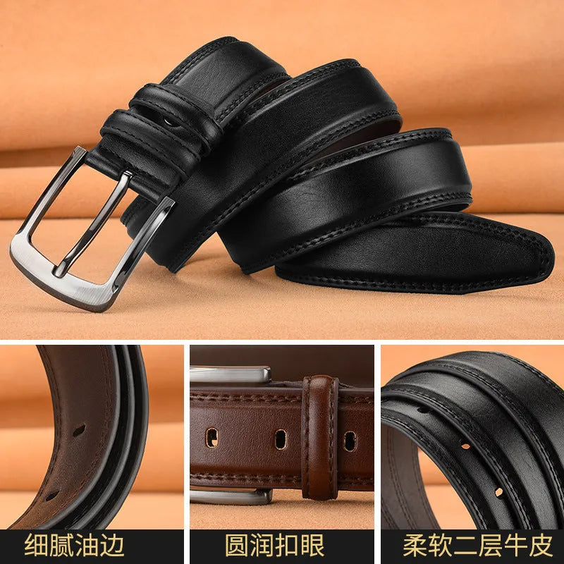 Men's pin buckle cowhide belt in black with alloy buckle and patent leather finish