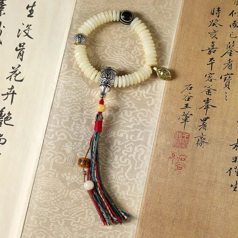 White Bodhi seed bracelet and handheld meditation piece with 3mm beads