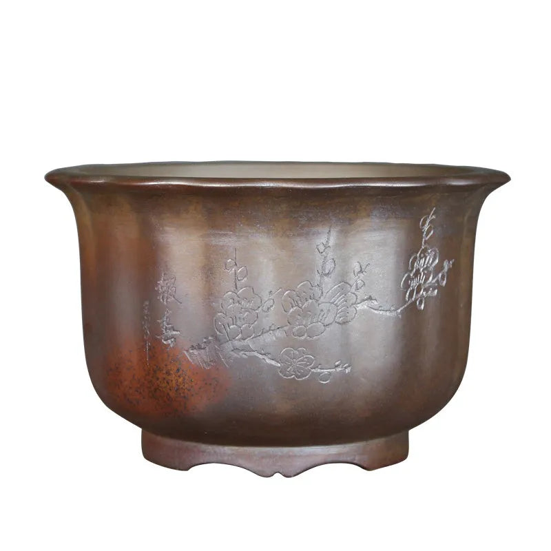 Large antique carved purple sand ceramic bonsai pot in S1696 firewood colour.