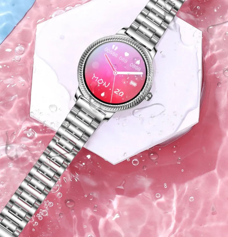 AK38 ladies smart watch with stainless steel Milanese bracelet and 1.09-inch colour screen displayed.