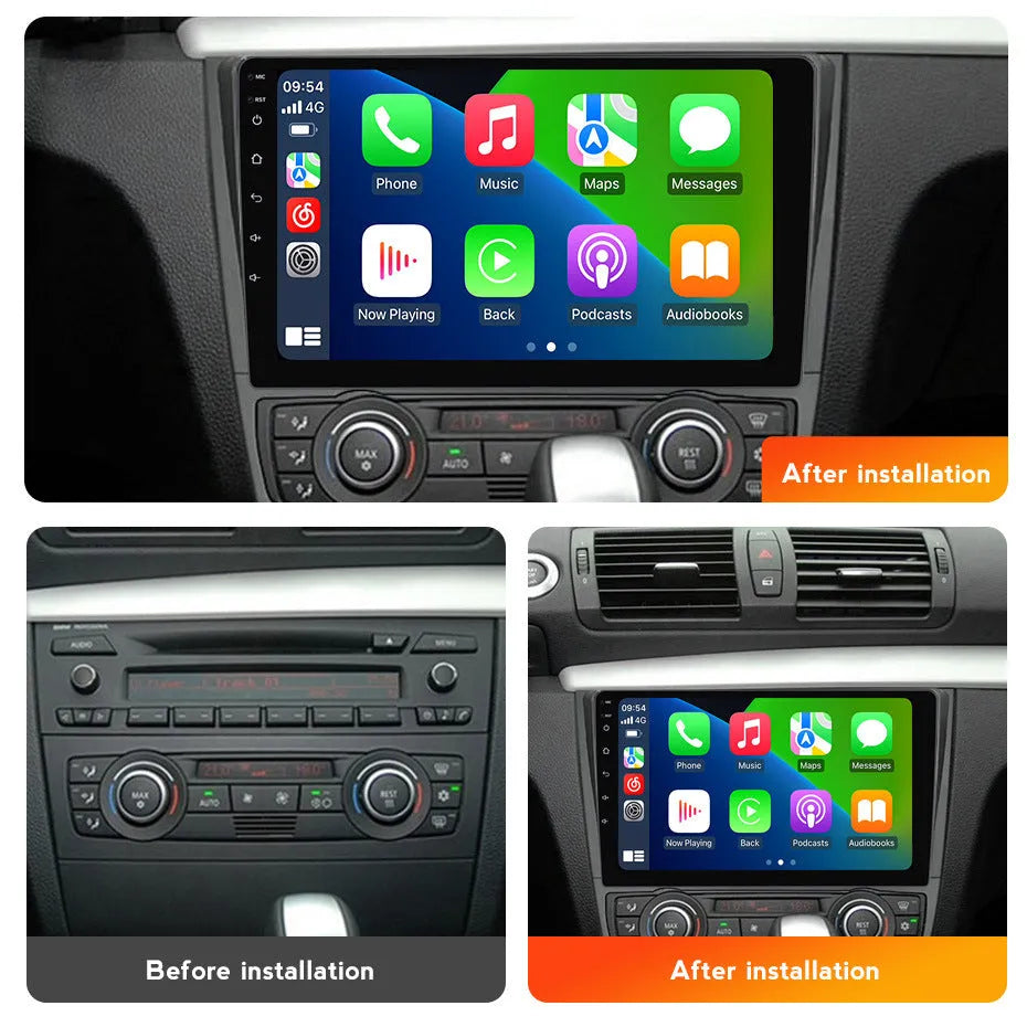 BMW E87 dashboard showing installed 9-inch Android car stereo and navigation touchscreen unit