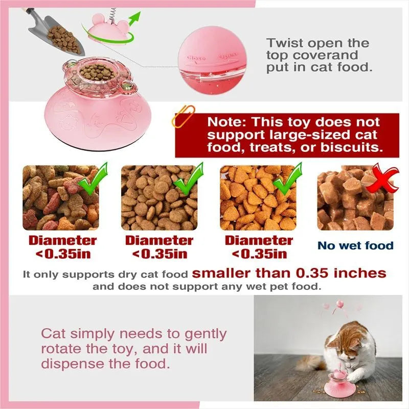 Cat teaser wand with suction cup spring toy in three colours: pink, purple, yellow, measuring 13x13x36 cm