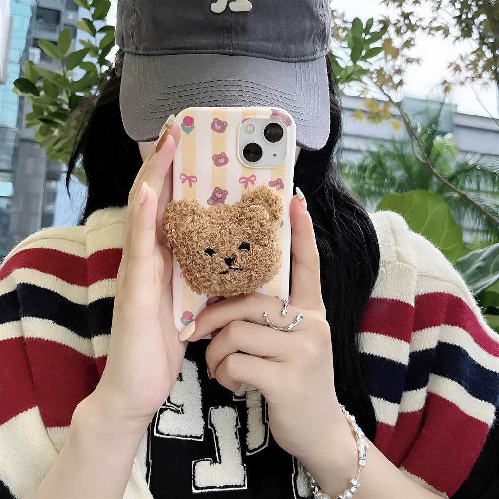 Yellow Striped Bear cartoon TPU phone case for iPhone, soft protective shell with optional stand