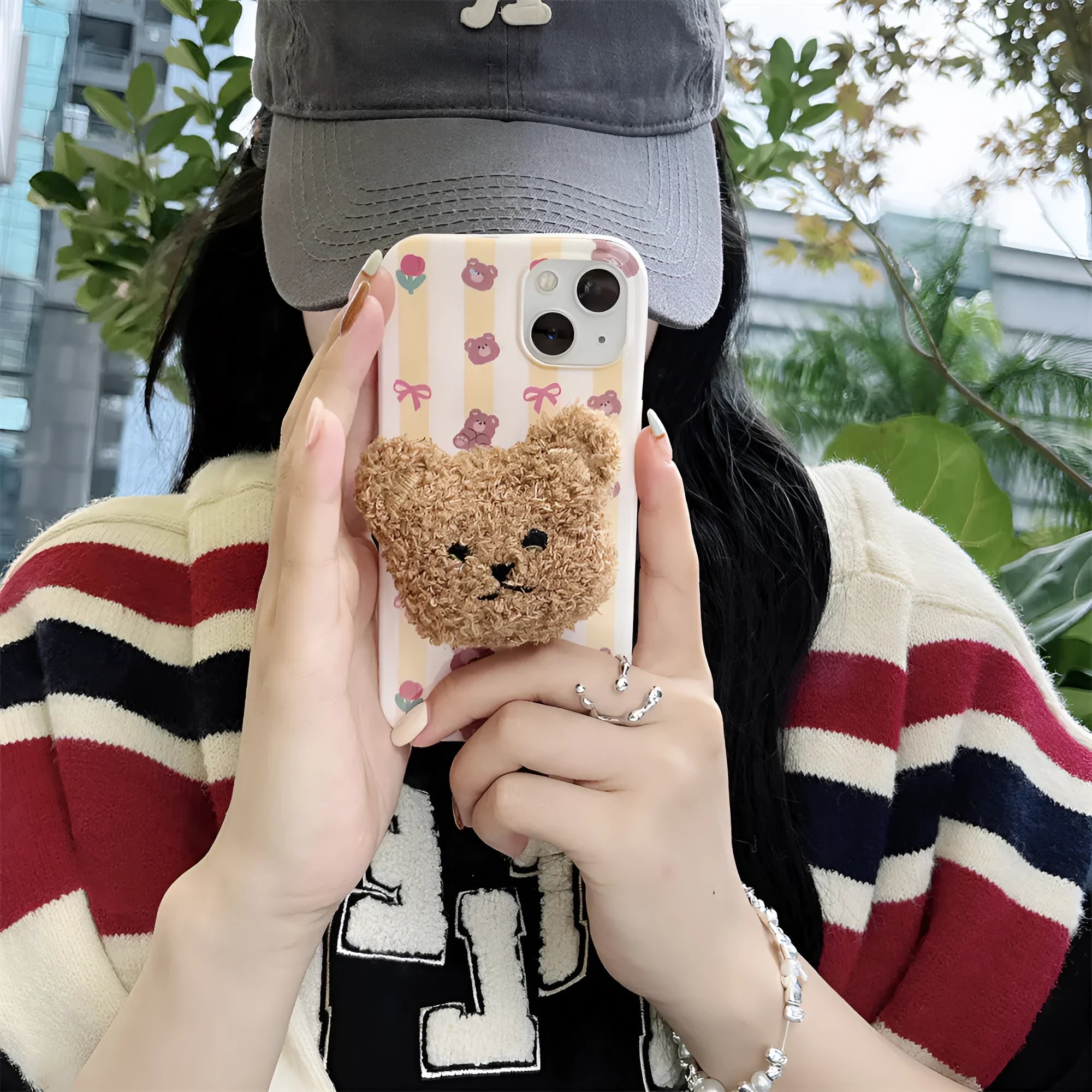 Yellow Striped Bear cartoon TPU phone case for iPhone, soft protective shell with optional stand