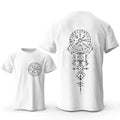 Men's grey cotton T-shirt with a detailed Viking rune compass and smiling face graphic on the front.