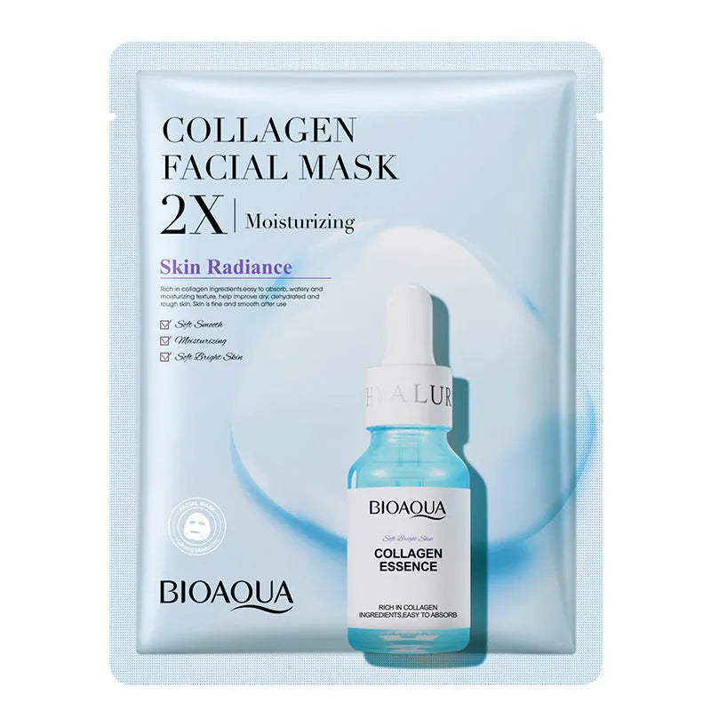 Single 30g collagen and hyaluronic acid facial sheet mask on packaging, with Centella, Vitamin C, Collagen variant options.