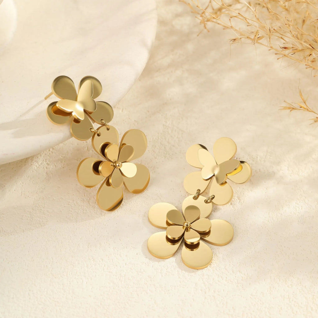 Gold electroplated flower butterfly earrings for women with stainless steel construction