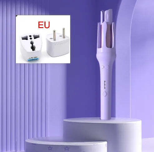 White and pink automatic hair curler with 32mm rotating barrel on a table