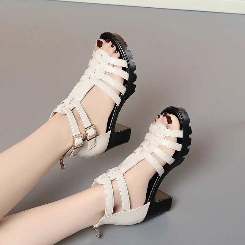 Women's high heel shoes with hollow-out design and rhinestone detailing in beige colour