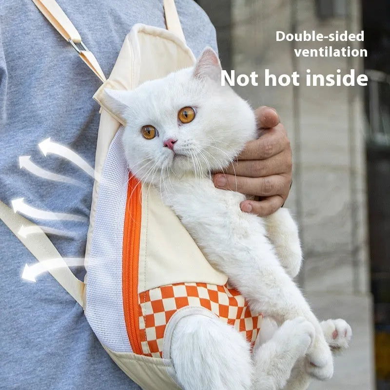 Soft grey cat carrier backpack on a white background, showing backpack straps and front mesh panel.