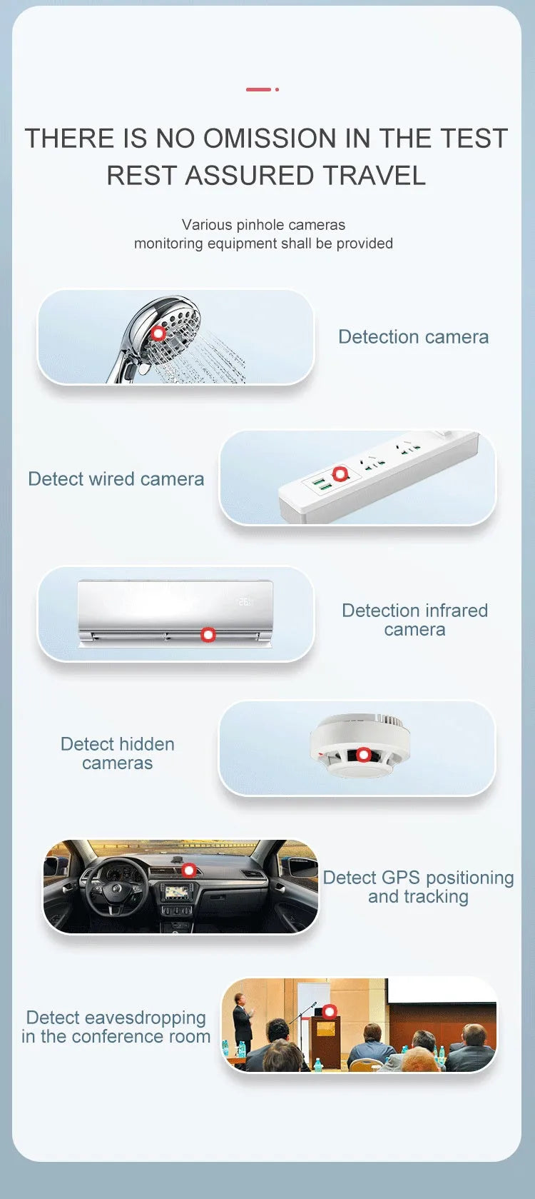 Black anti-theft anti-surveillance detector with USB charging port, dimensions 130x31x13mm