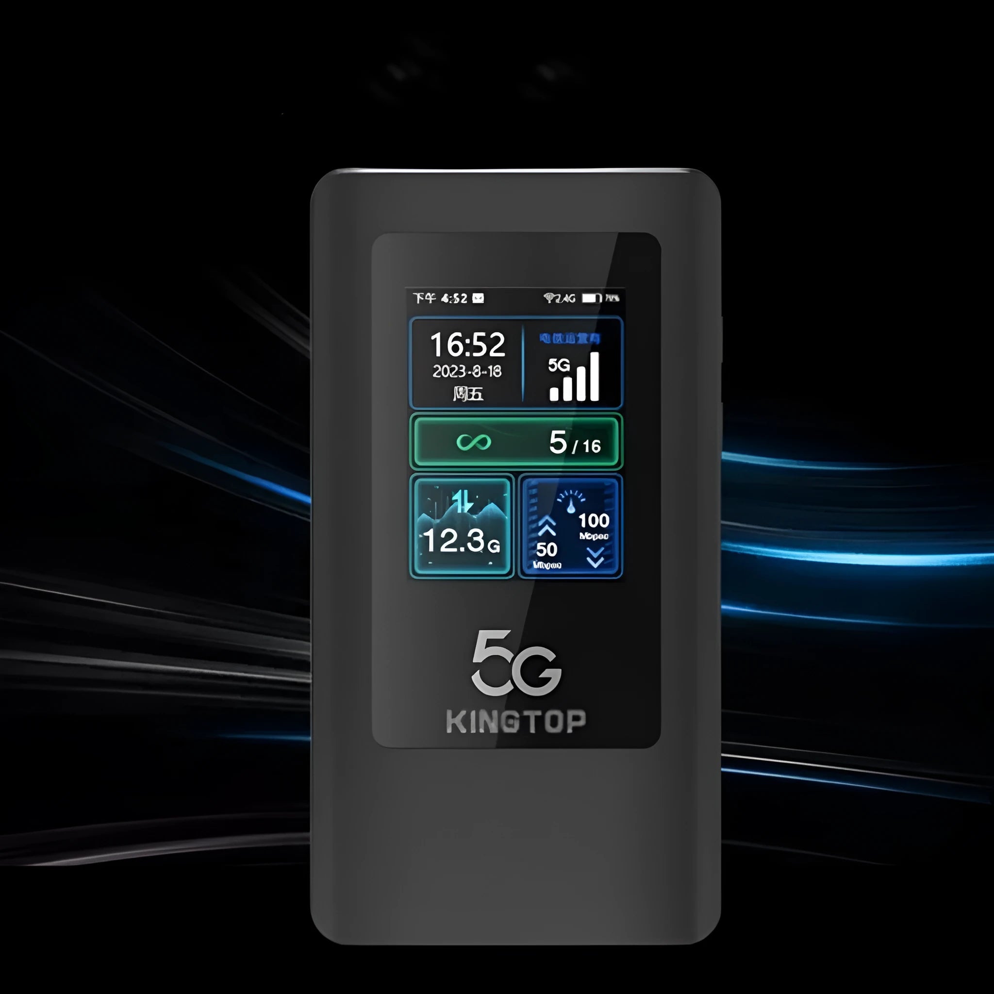 Black 5G portable Wi-Fi router with display screen, shown with charging cable and power adapter.