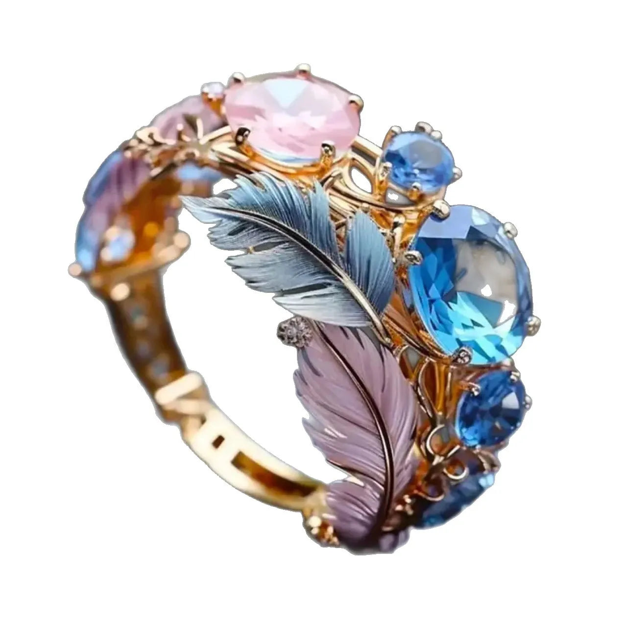 Geometric brass feather ring with zircon inlay in gold colour
