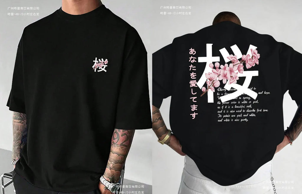 Men's loose pullover short-sleeved T-shirt in cotton, shown in black, apricot, navy blue, and dark gray