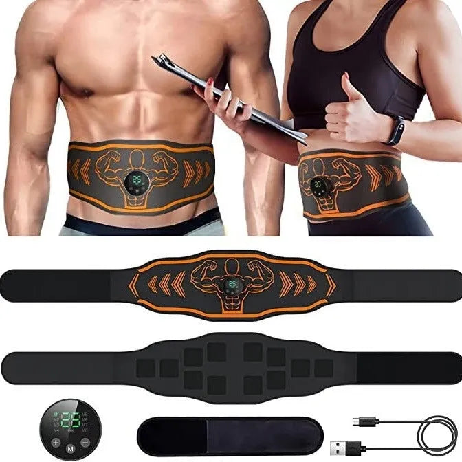 Blue and orange smart EMS massage belt kits with rechargeable host, adjustable strap, and arm muscle pads