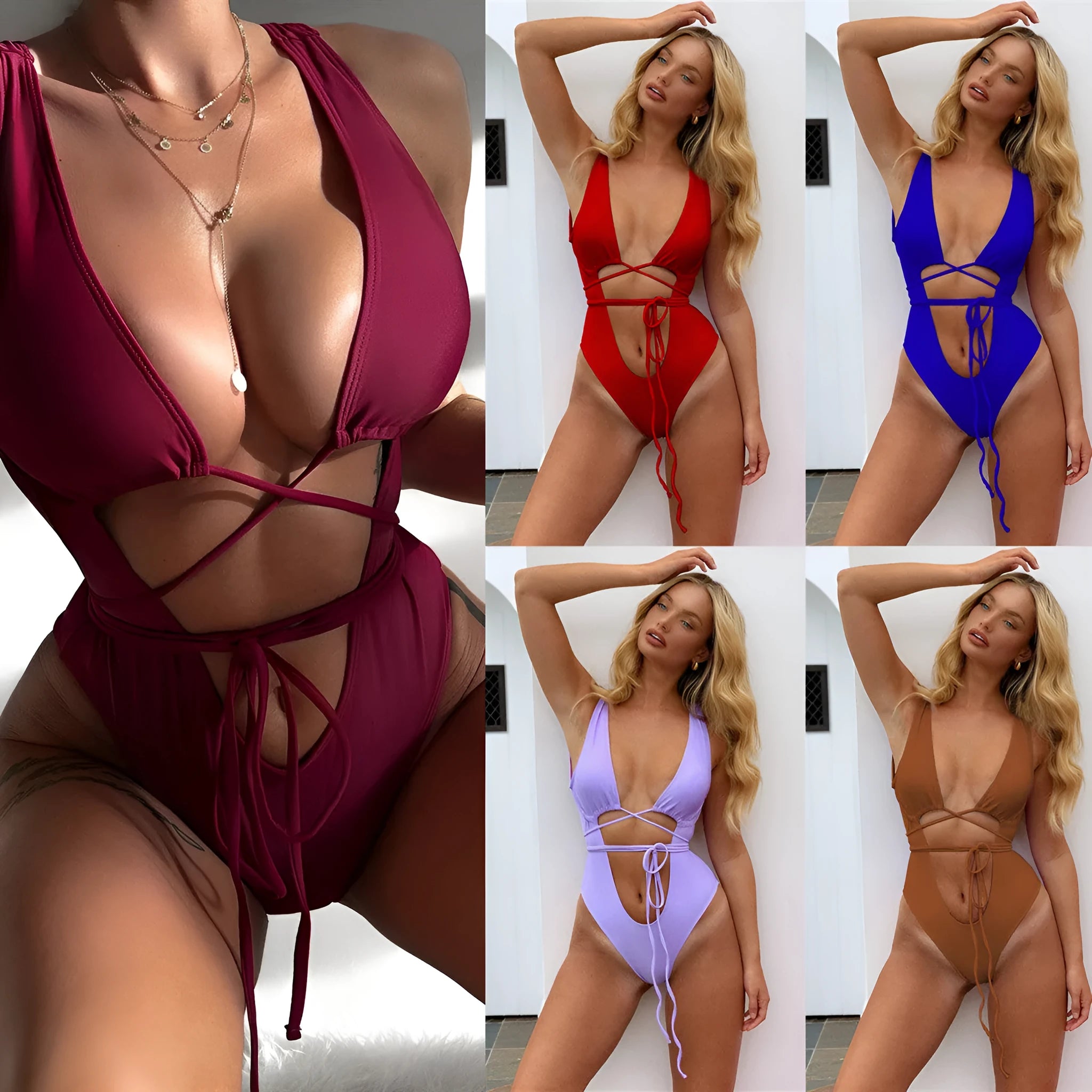 Women's brown one-piece swimsuit with hollow-out strap design
