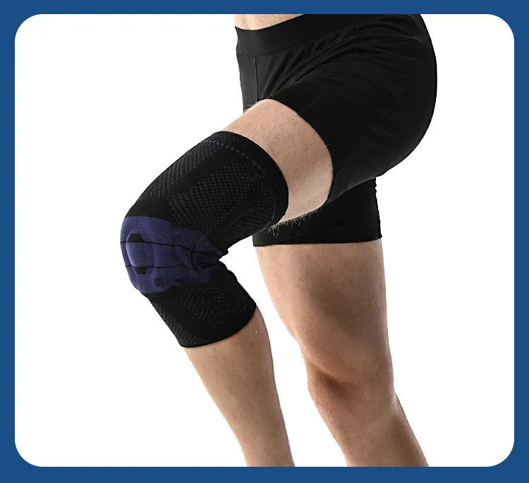 Adult sports kneecap or knee pad in black and blue colour, made from nylon spandex, shown on a knee.