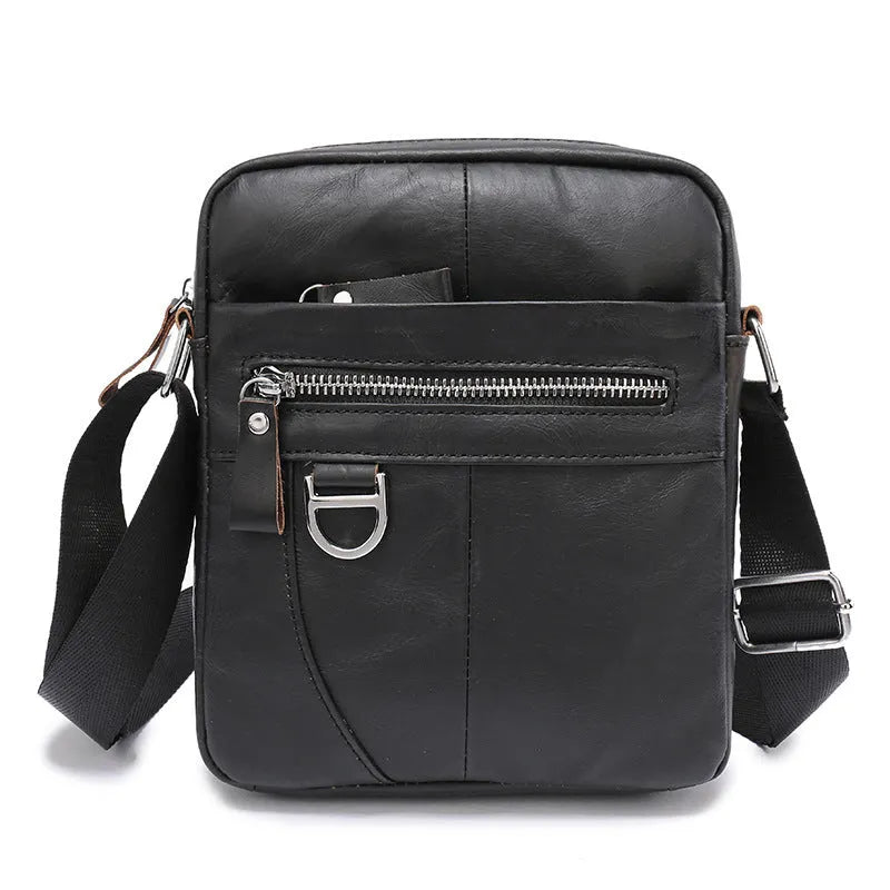 Genuine cowhide leather messenger bag for boys in black or brown with visible sewing lines