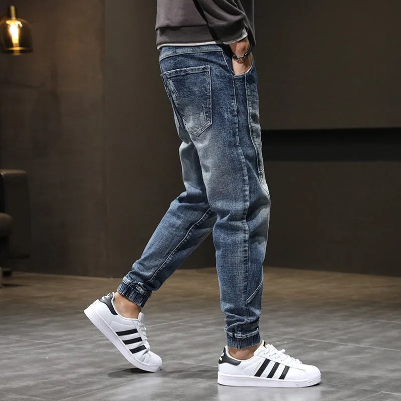 Men's plus size velvet stretch jeans in blue with slim fit and tether closure