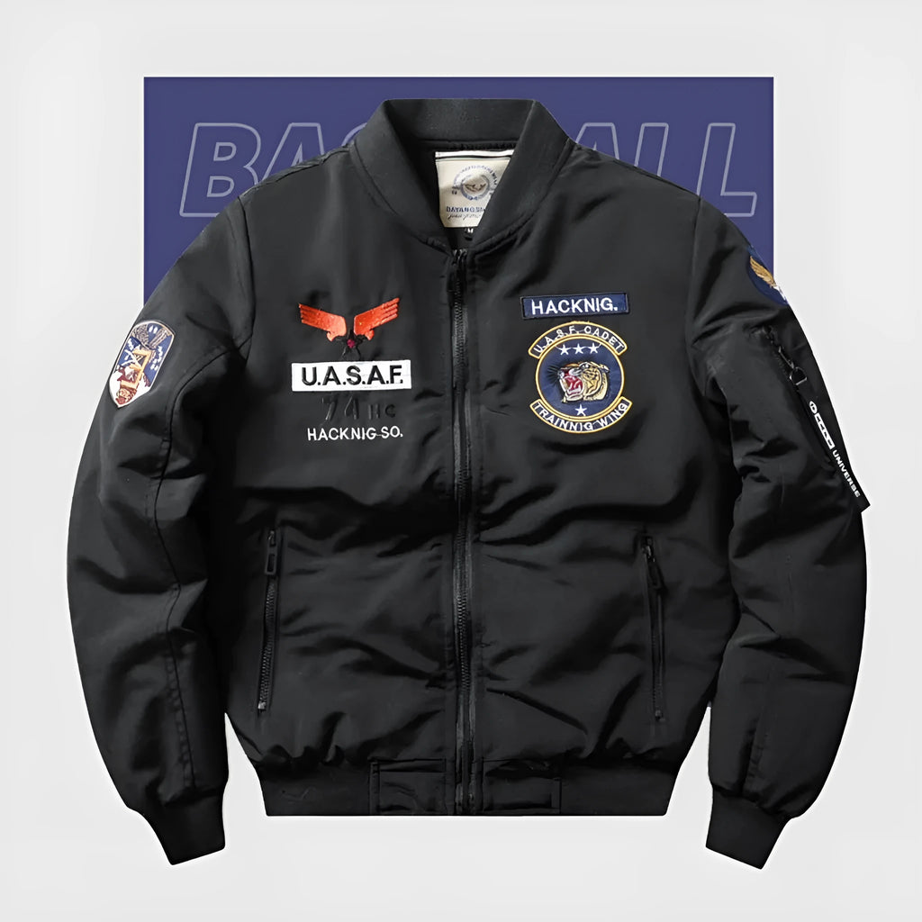 Men's slim-fit stand collar retro motorcycle cotton-padded coat in blue with embroidery and patch pockets.