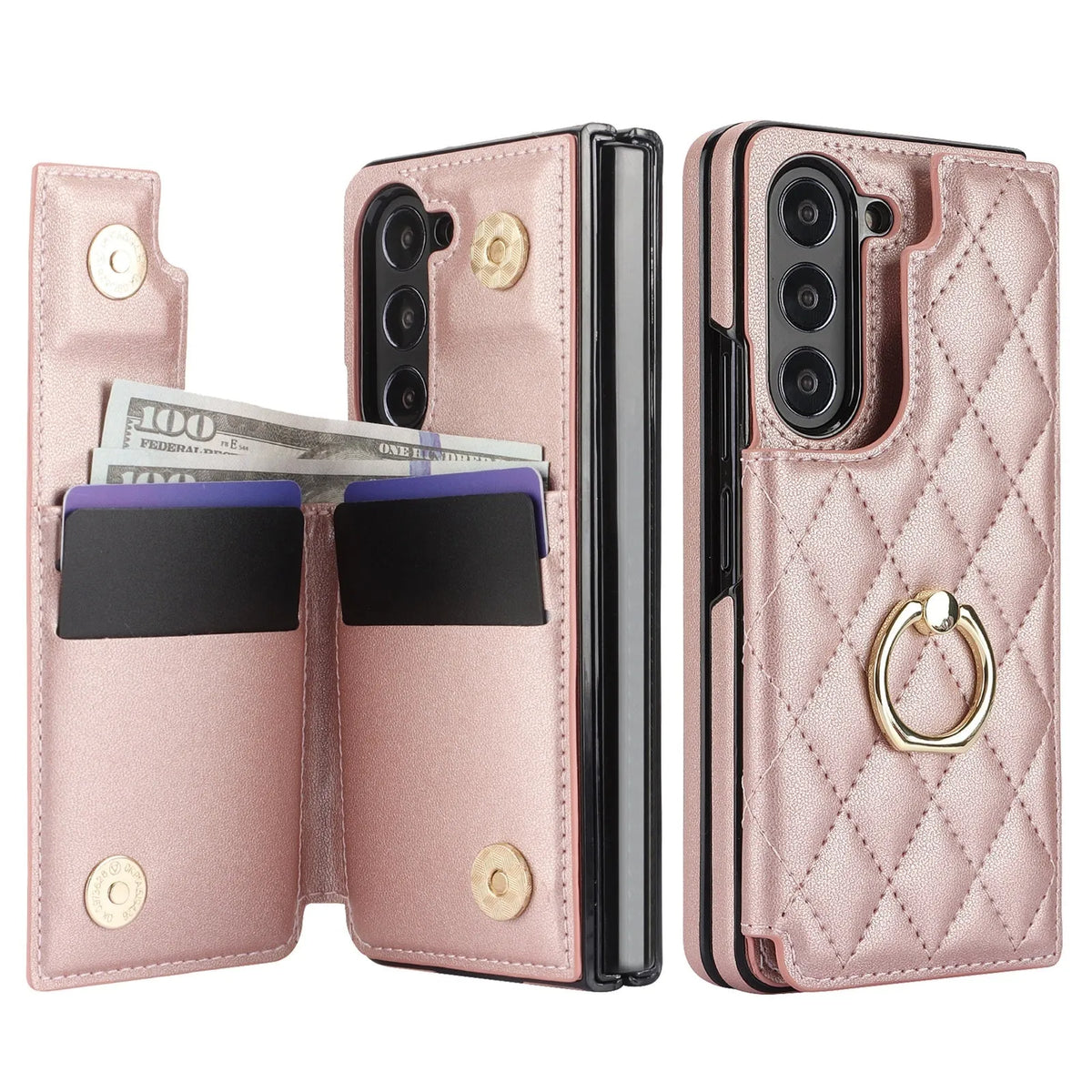 PU leather folding phone case for Samsung Z Fold 5, 4, 3 and 6 with ring stand and double buckle in black, blue, purple, red, rose gold or white