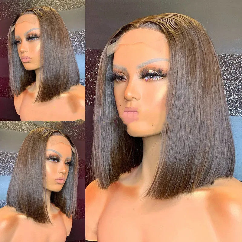 Short bobo wig with mid-shoulder straight hair, long bangs, and high temperature wire in black, gold, wine red, or linen.