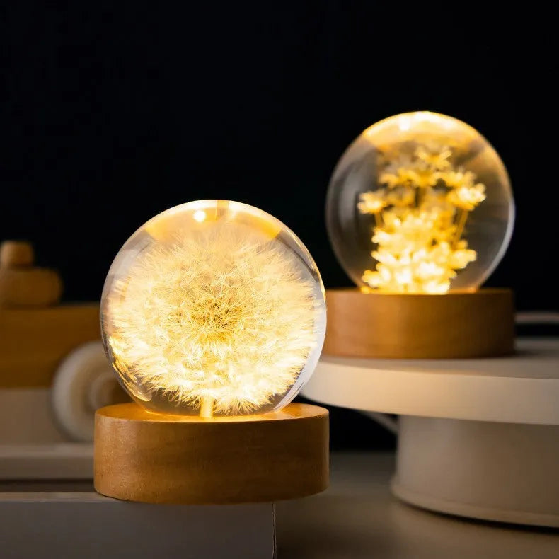 3D preserved dandelion crystal ball night light on beech wood stand with USB cable