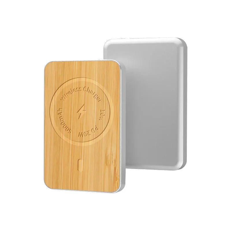 Khaki coloured alloy wireless charging power bank showing compact size and USB port