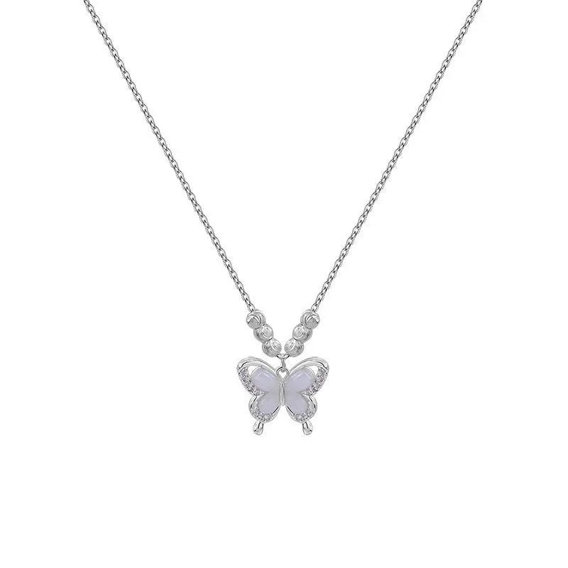 Women's square line opal butterfly pendant necklace on a silver adjustable cross chain.