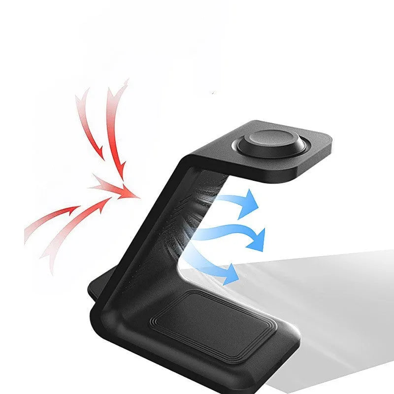 White 3-in-1 upright wireless charging stand holding a mobile phone in portrait mode on a desk.