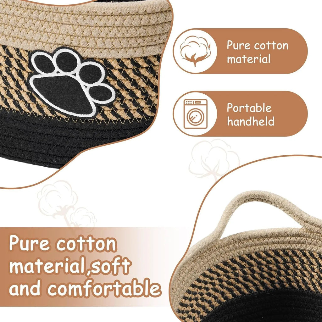Small light beige woven cotton rope storage basket with wooden handles for organisation