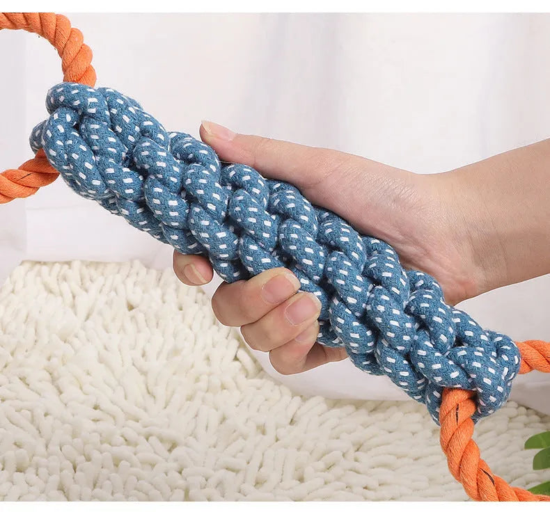 Blue braided cotton dog chew toy with double rings and bone shape, 37cm long