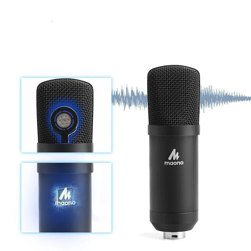 Black wired capacitor microphone on cantilever frame with shockproof support and sponge head for computer recording