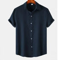 Men's casual short-sleeved polyester shirt in cardigan style on a hanger