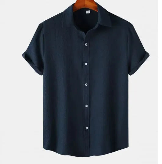 Men's casual short-sleeved polyester shirt in cardigan style on a hanger