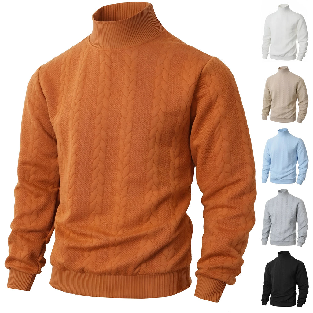 Men's knitted jacquard high collar warm sweater in khaki, thick polyester blend pullover with long sleeves