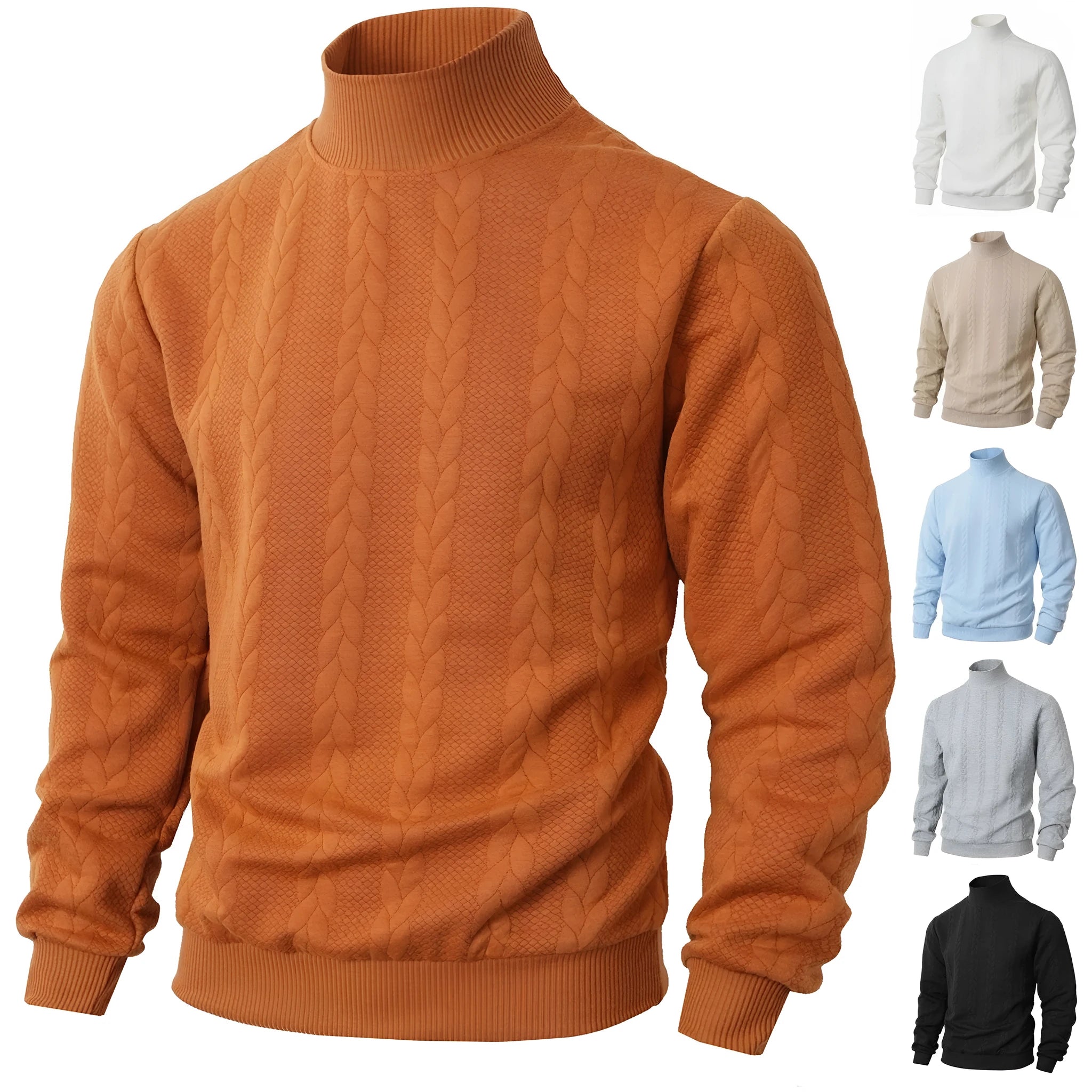Men's knitted jacquard high collar warm sweater in khaki, thick polyester blend pullover with long sleeves