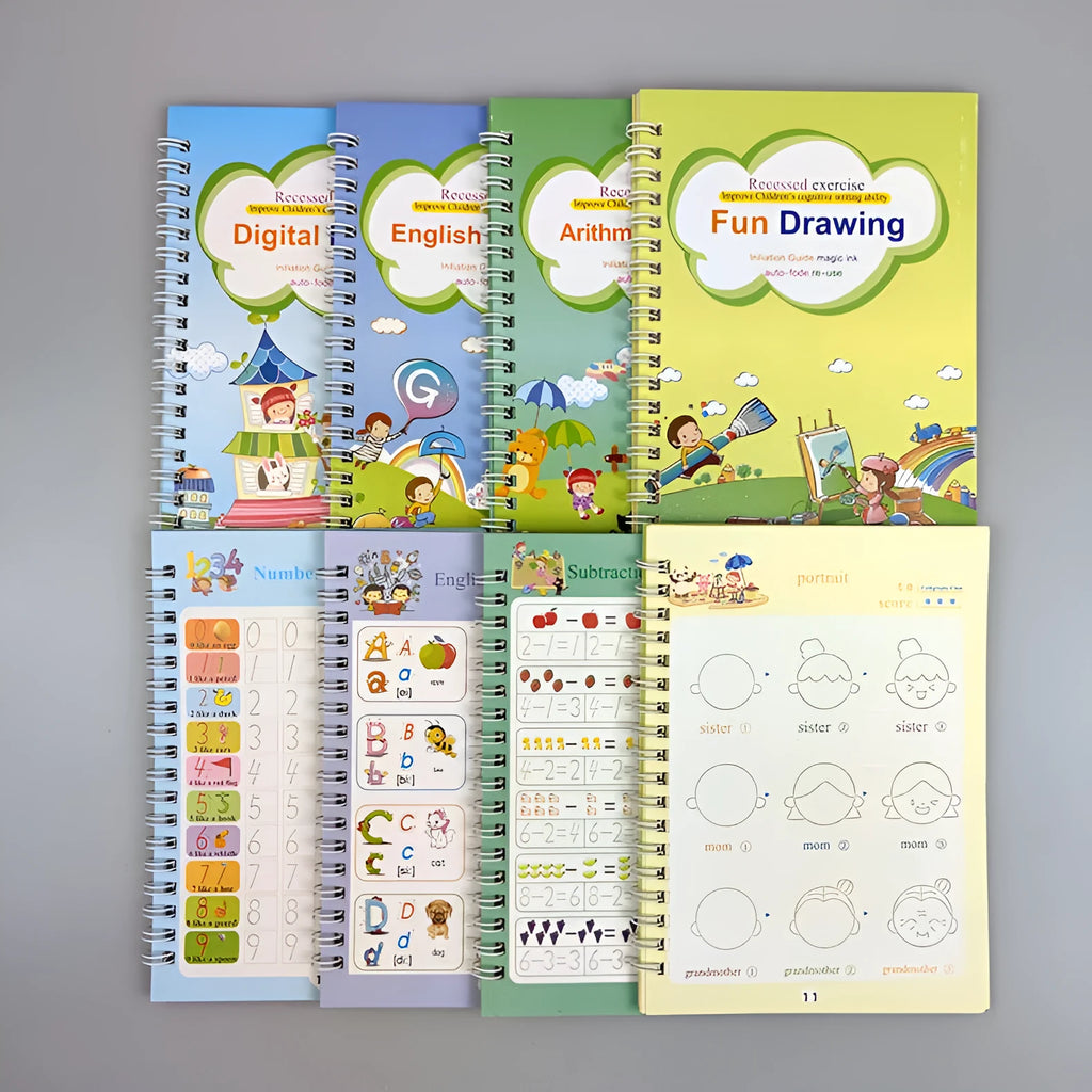 Children magic stylus calligraphy set with four slotted groove copybooks, pen, and refills in white on wooden table