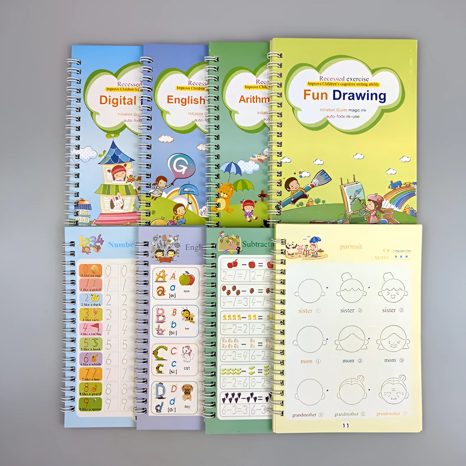 Children magic stylus calligraphy set with four slotted groove copybooks, pen, and refills in white on wooden table