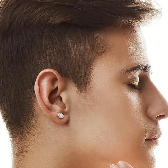 Pair of moissanite stud earrings with platinum-plated S925 silver settings, on a gift box, available in black or transparent stones