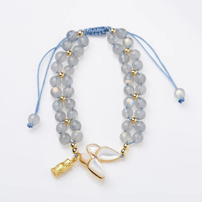 Gray moonstone woven bracelet for women with butterfly hand rope design and geometric retro style