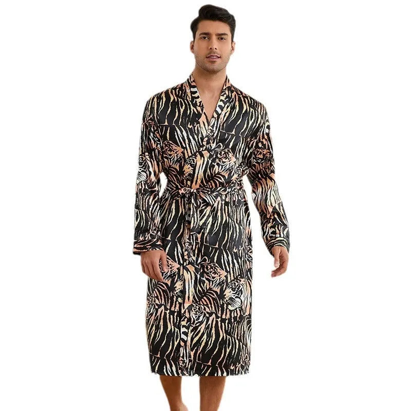 Men's tiger pattern ice silk bathrobe and shorts set laid flat showing long sleeves and short length pants