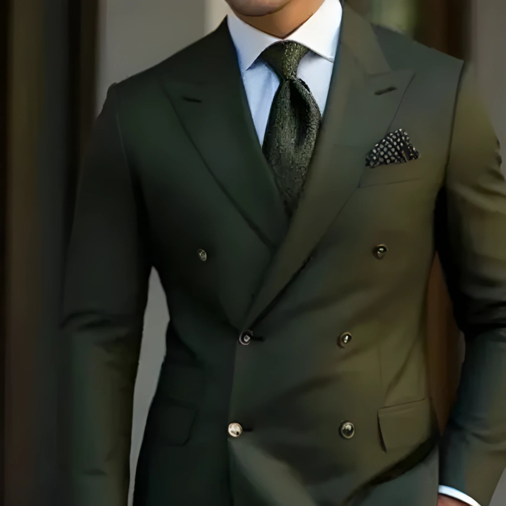 Men's light business style two-piece suit in a cotton blend fabric, shown in navy blue