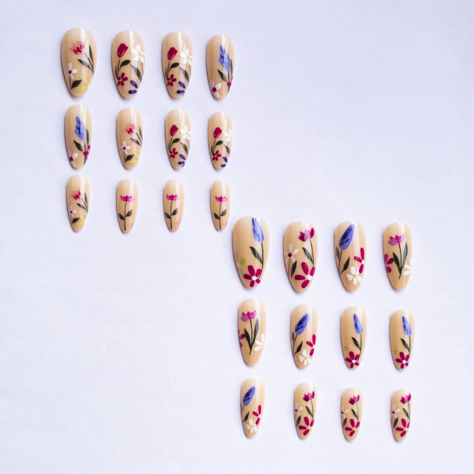 Almond-shaped removable flower nail art set with rose and tulip patterns in solid colour sweet style