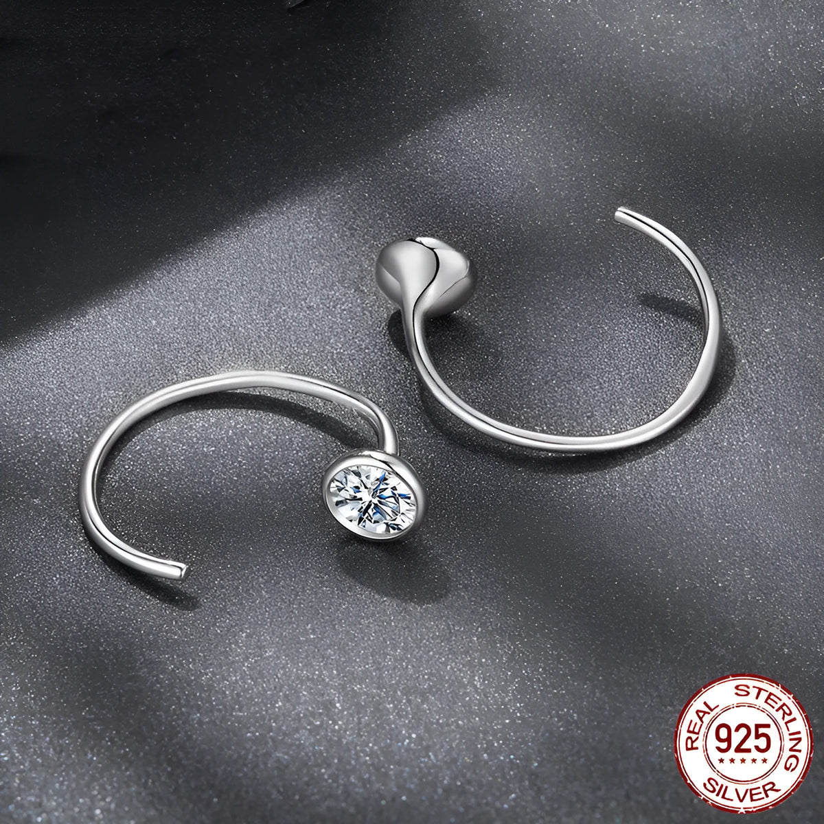 Silver moissanite ear hook with D colour stone, geometric line design, MSE105 certificate option, one pair for women
