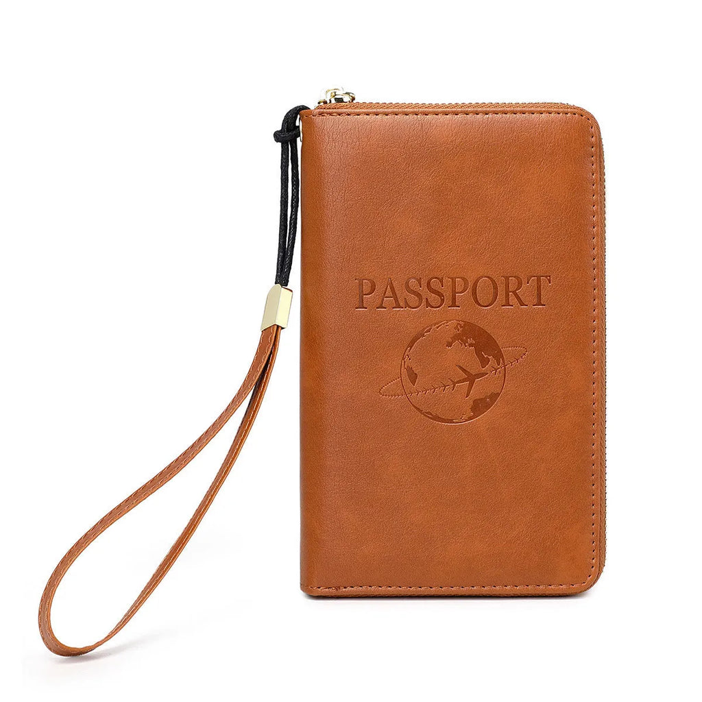 Brown PU leather travel document wallet with credit card slots and letter design, shown with a passport.