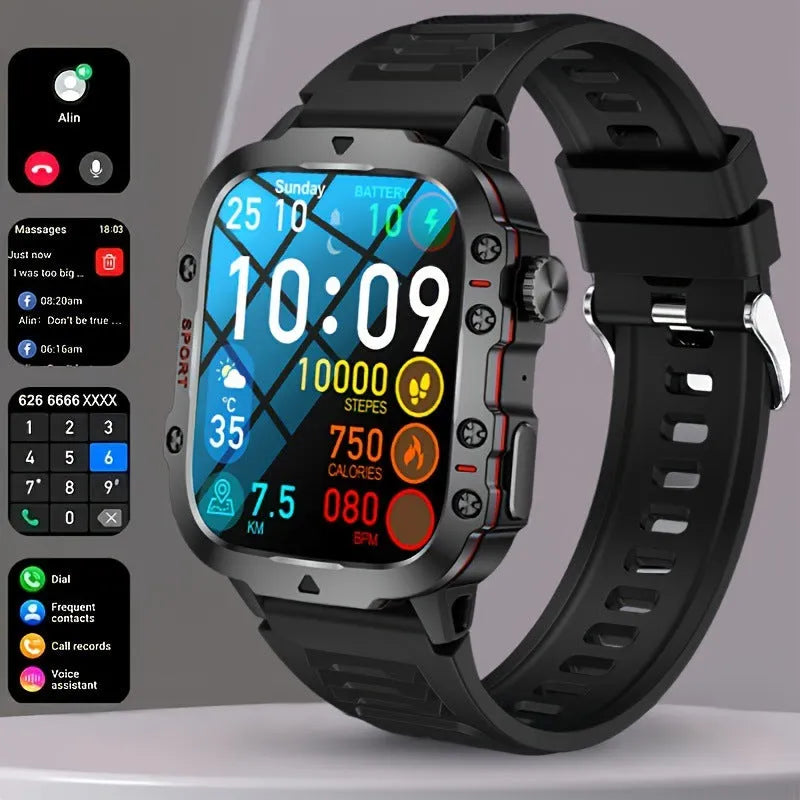 Sports outdoor Bluetooth calling watch with TFT screen, black silicone strap, showing heart rate monitoring display