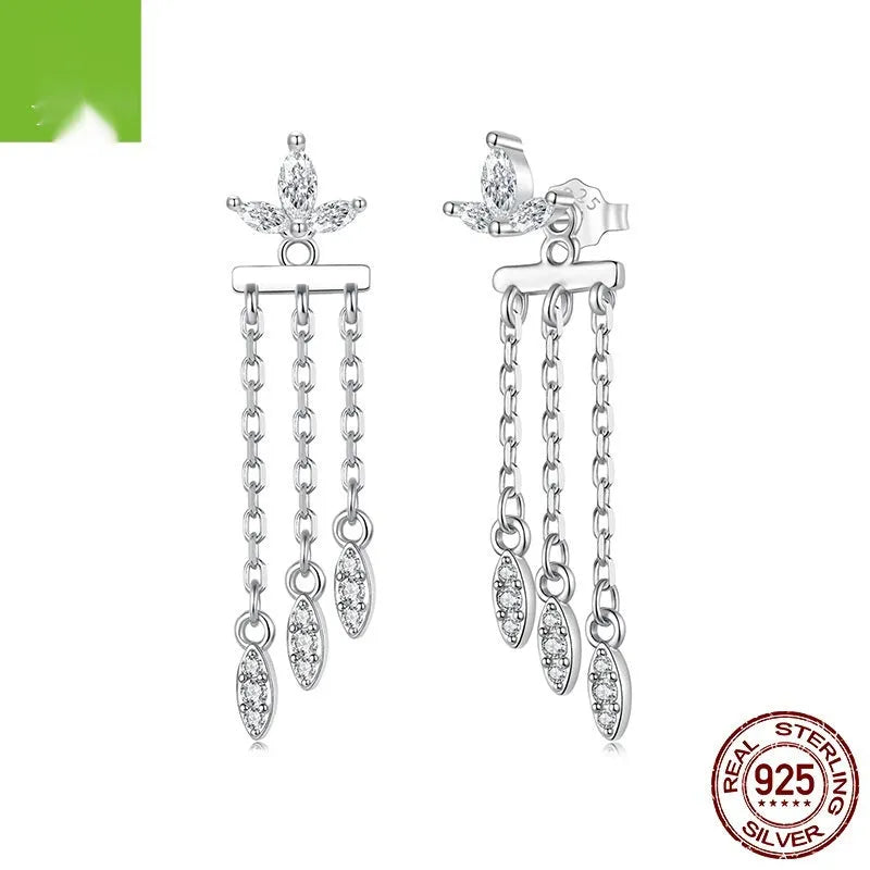 Pair of silver ear studs with small flower and tassel front and rear structure, BSE1240 colour, on light background