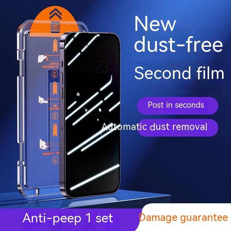 Tempered glass iPhone screen protector in HD and Peep-proof privacy variants with application kit.