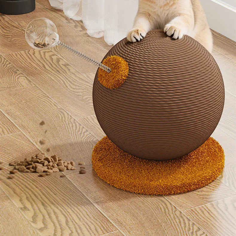 Angled cat scratch board with woven hemp rope surface and a separate round cat toy ball